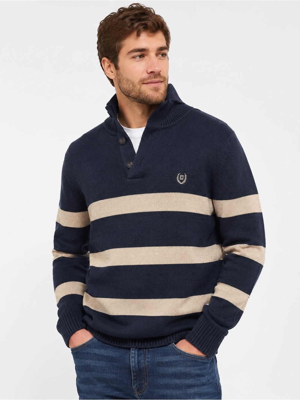 Chaps Men’s Small Navy Beige Striped Shawl Collar Pullover Sweater